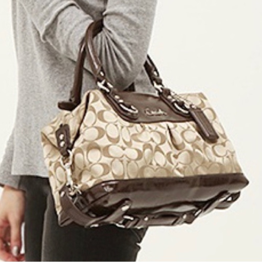 COACH Tan/Brown Ashley Signature Satin Satchel 2WAY Convertible Detachable Strap